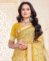 Vishal Prints Pastel Yellow Digital Print Criva Crepe Saree With Weaved Viscose Patta