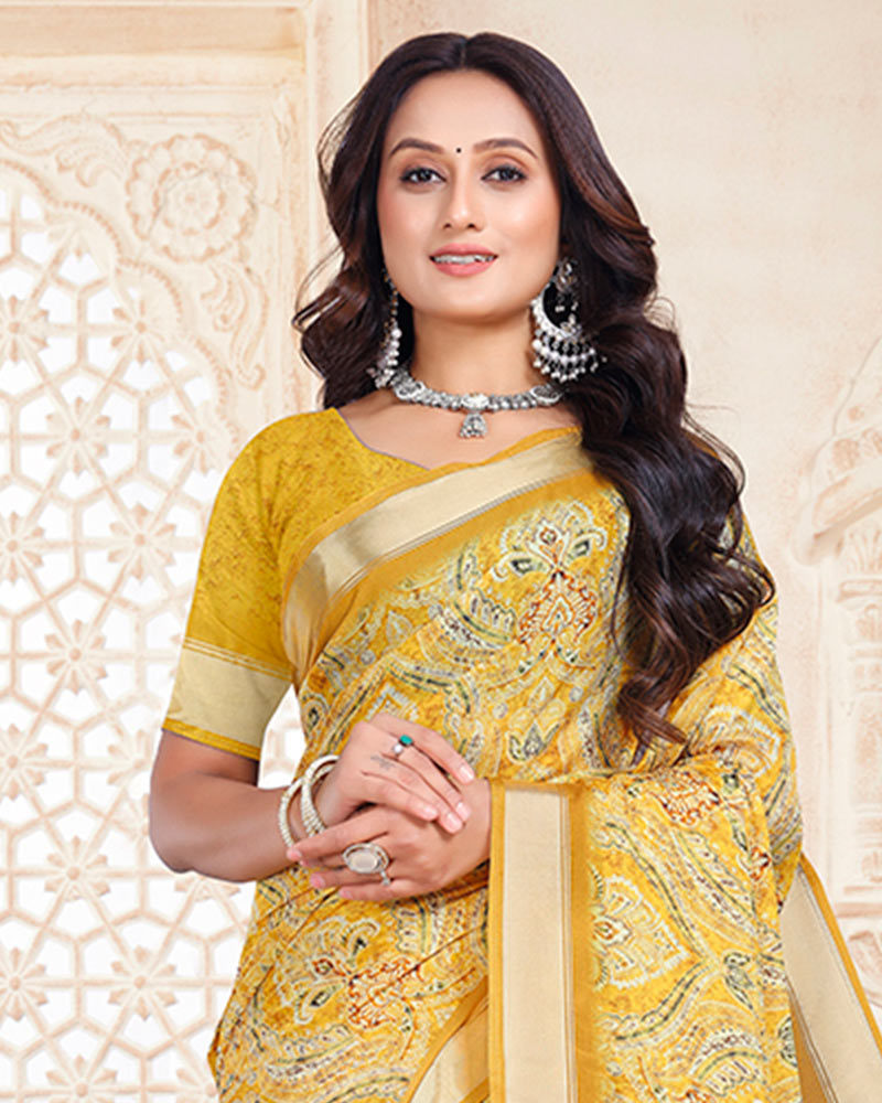 Vishal Prints Pastel Yellow Digital Print Criva Crepe Saree With Weaved Viscose Patta