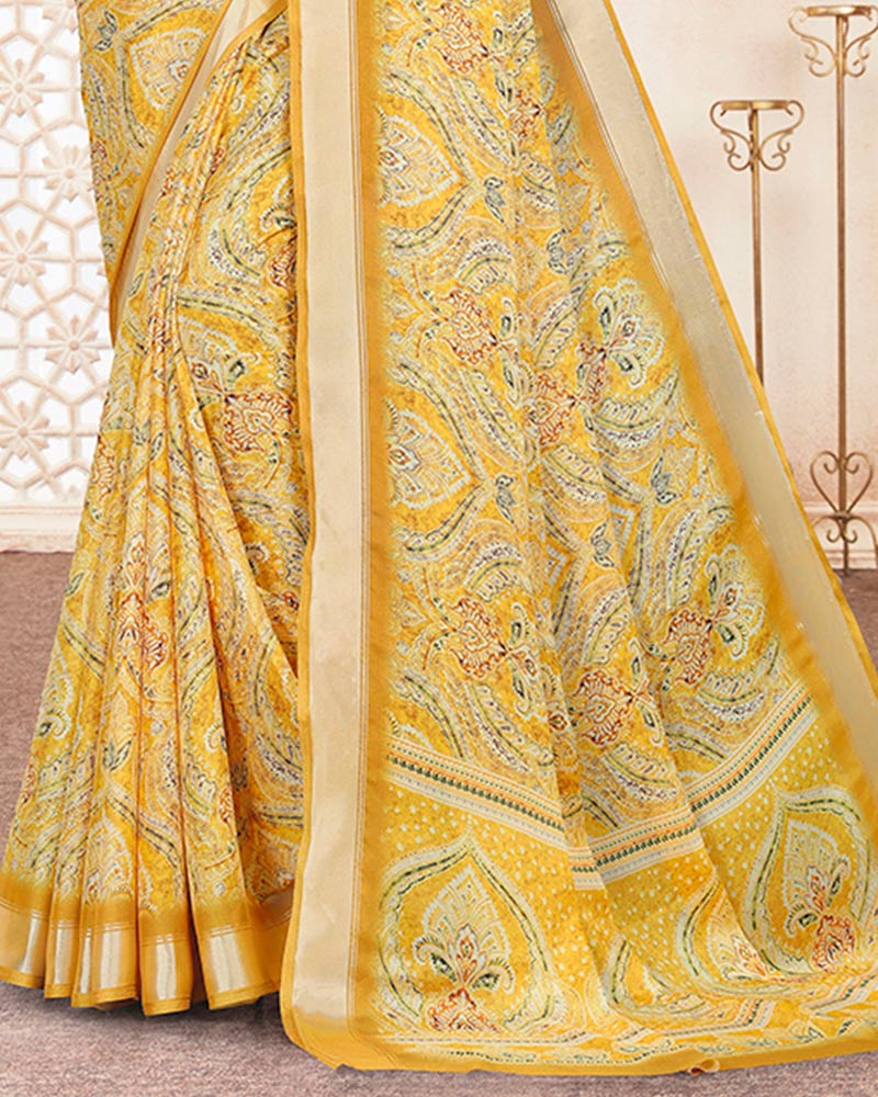Vishal Prints Pastel Yellow Digital Print Criva Crepe Saree With Weaved Viscose Patta