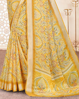 Vishal Prints Pastel Yellow Digital Print Criva Crepe Saree With Weaved Viscose Patta