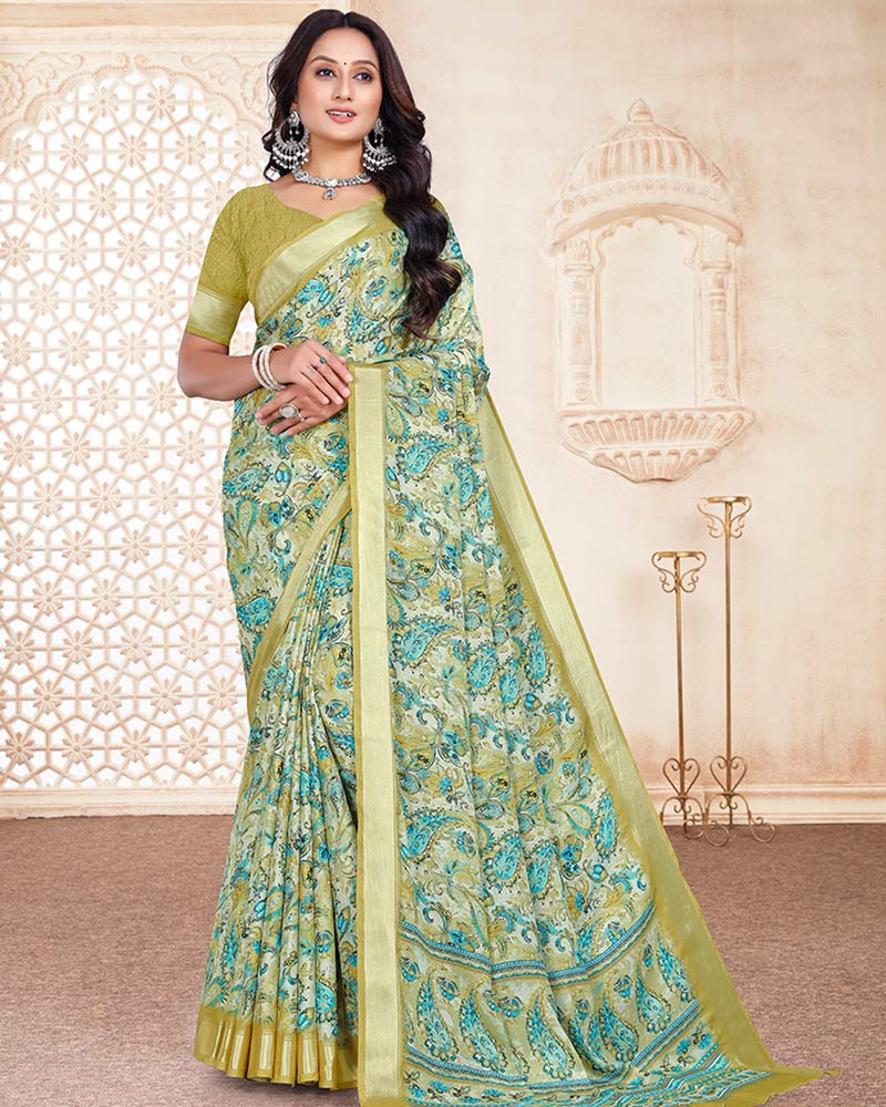 Vishal Prints Mist Green Digital Print Criva Crepe Saree With Weaved Viscose Patta