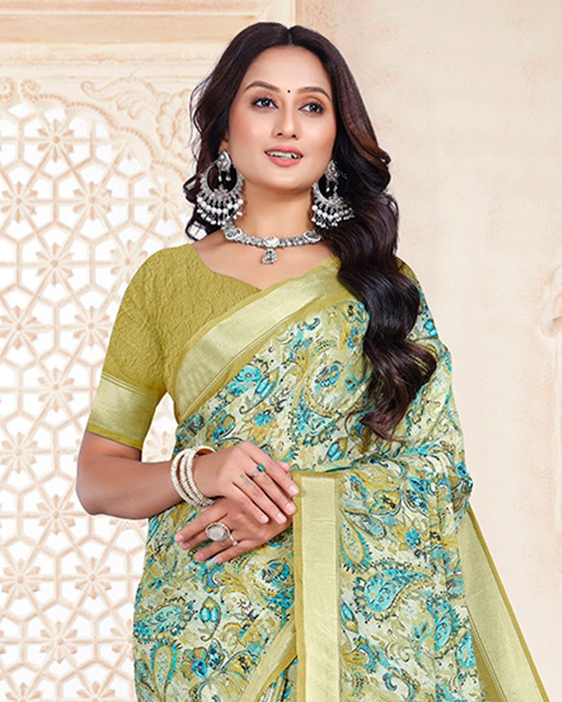 Vishal Prints Mist Green Digital Print Criva Crepe Saree With Weaved Viscose Patta
