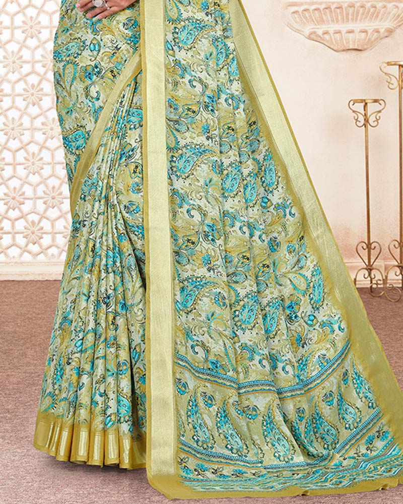 Vishal Prints Mist Green Digital Print Criva Crepe Saree With Weaved Viscose Patta