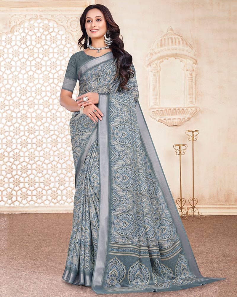Vishal Prints Slate Grey Digital Print Criva Crepe Saree With Weaved Viscose Patta