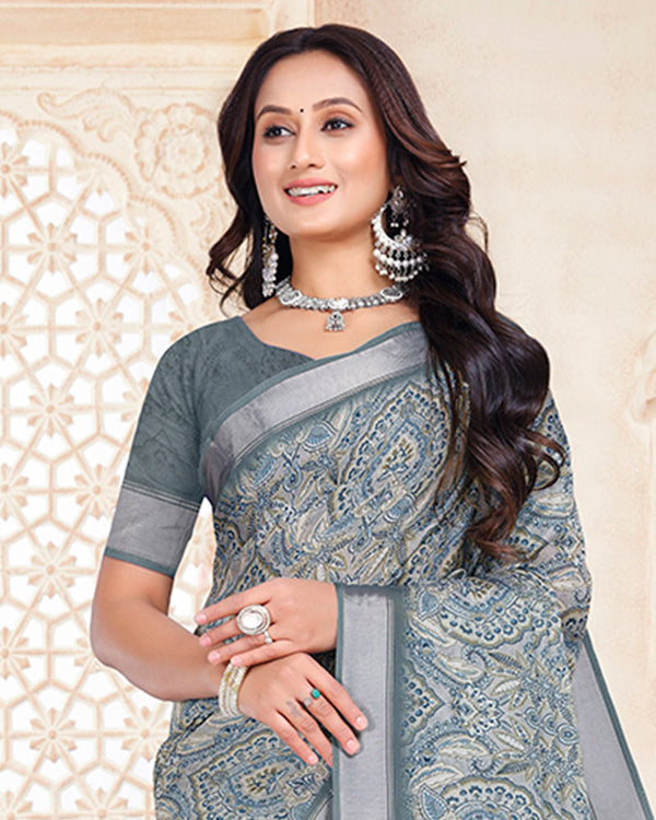 Vishal Prints Slate Grey Digital Print Criva Crepe Saree With Weaved Viscose Patta