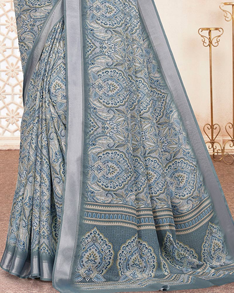 Vishal Prints Slate Grey Digital Print Criva Crepe Saree With Weaved Viscose Patta