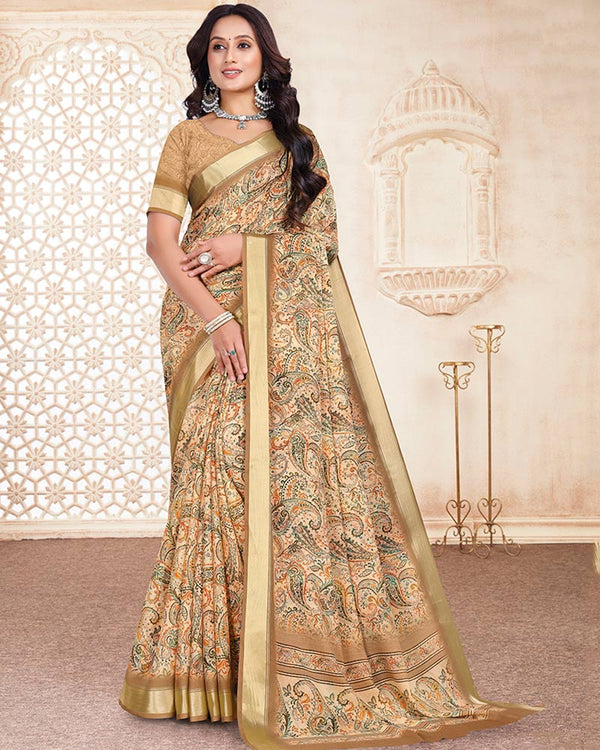 Vishal Prints Pastel Brown Digital Print Criva Crepe Saree With Weaved Viscose Patta