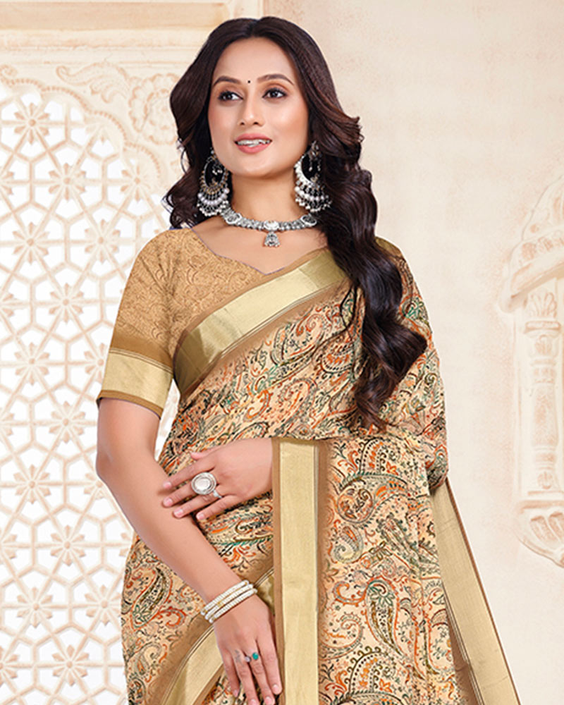 Vishal Prints Pastel Brown Digital Print Criva Crepe Saree With Weaved Viscose Patta