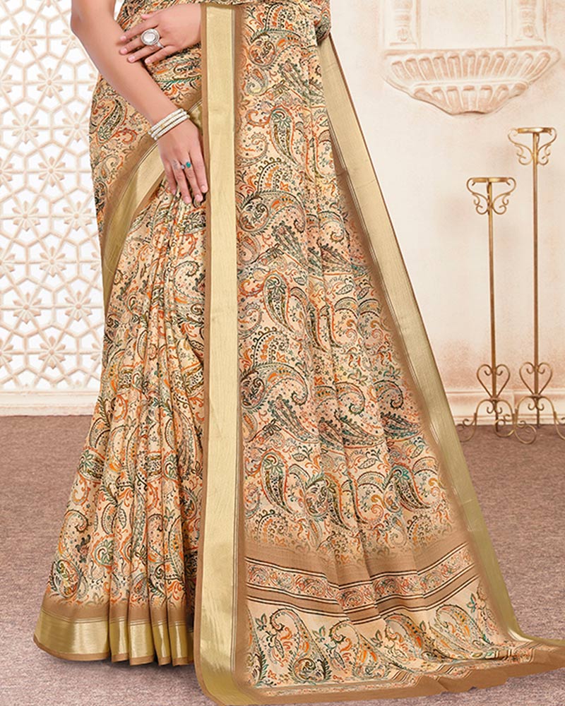 Vishal Prints Pastel Brown Digital Print Criva Crepe Saree With Weaved Viscose Patta