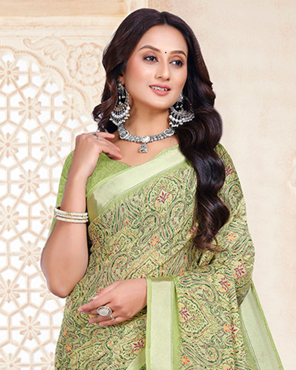 Vishal Prints Sage Green Digital Print Criva Crepe Saree With Weaved Viscose Patta