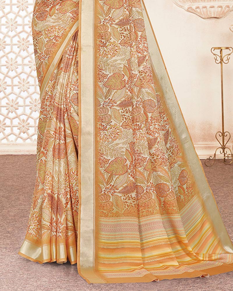 Vishal Prints Sandy Brown Digital Print Criva Crepe Saree With Weaved Viscose Patta