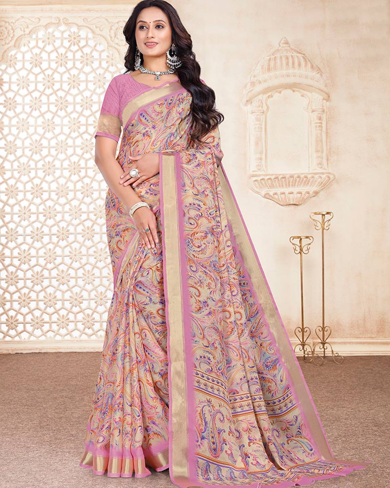 Vishal Prints Dusty Pink Digital Print Criva Crepe Saree With Weaved Viscose Patta