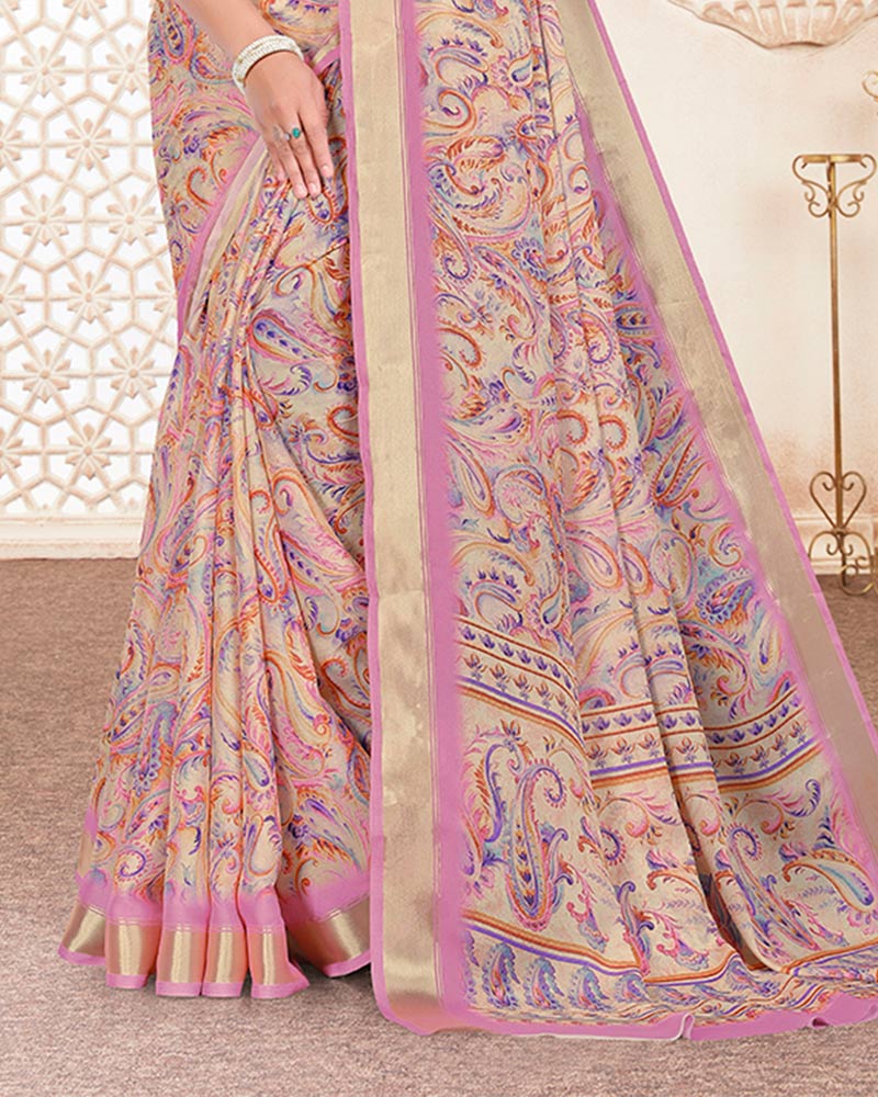 Vishal Prints Dusty Pink Digital Print Criva Crepe Saree With Weaved Viscose Patta