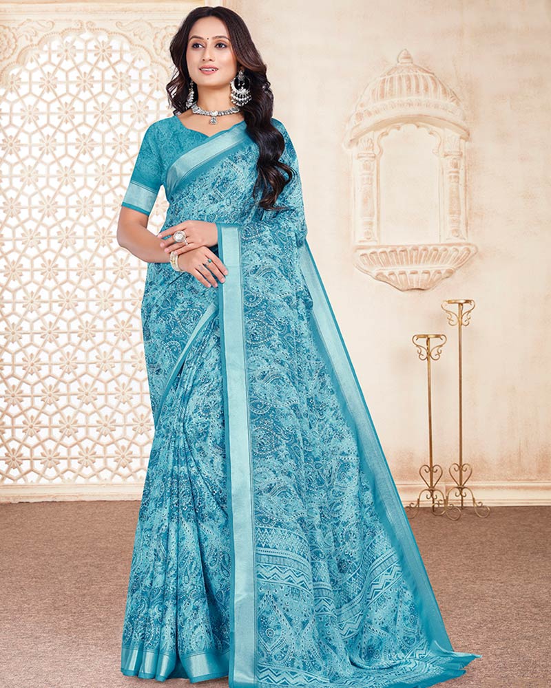Vishal Prints Sea Blue Digital Print Criva Crepe Saree With Weaved Viscose Patta