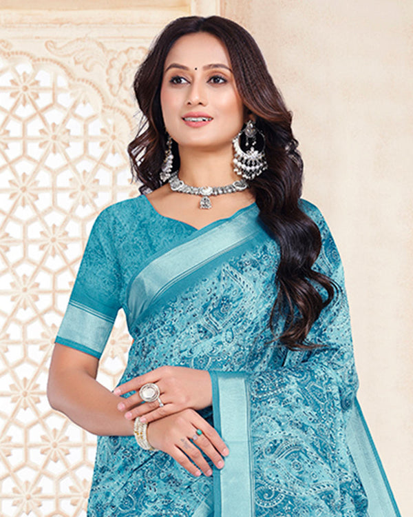 Vishal Prints Sea Blue Digital Print Criva Crepe Saree With Weaved Viscose Patta