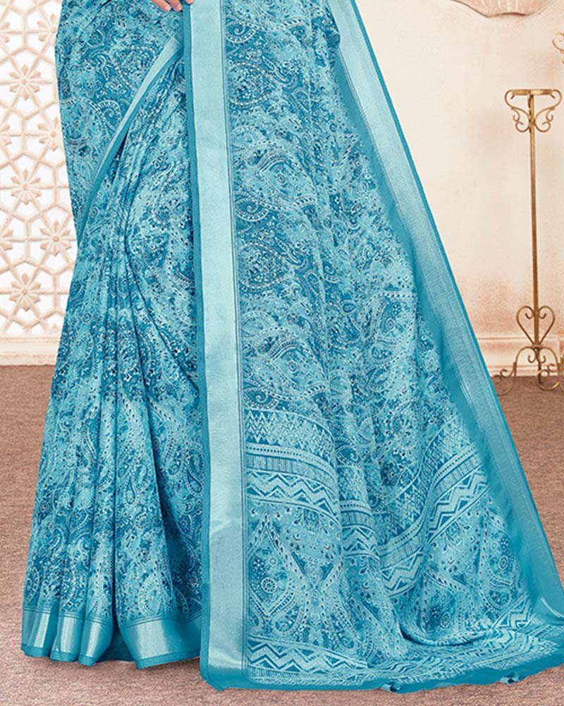 Vishal Prints Sea Blue Digital Print Criva Crepe Saree With Weaved Viscose Patta