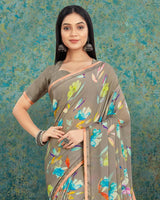 Vishal Prints Sand Grey Digital Print Criva Crepe Saree With Weaved Border