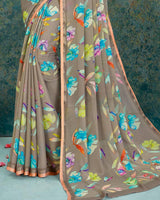 Vishal Prints Sand Grey Digital Print Criva Crepe Saree With Weaved Border