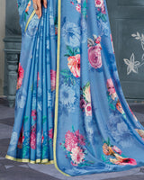 Vishal Prints Fountain Blue Digital Print Criva Crepe Saree With Weaved Viscose Border