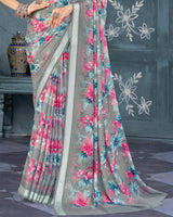 Vishal Prints Gunsmoke Grey Digital Print Criva Crepe Saree With Weaved Viscose Border
