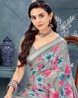 Vishal Prints Gunsmoke Grey Digital Print Criva Crepe Saree With Weaved Viscose Border