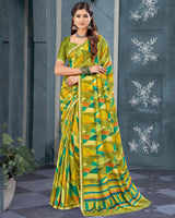 Vishal Prints Dark Olive Green Digital Print Criva Crepe Saree With Weaved Viscose Border