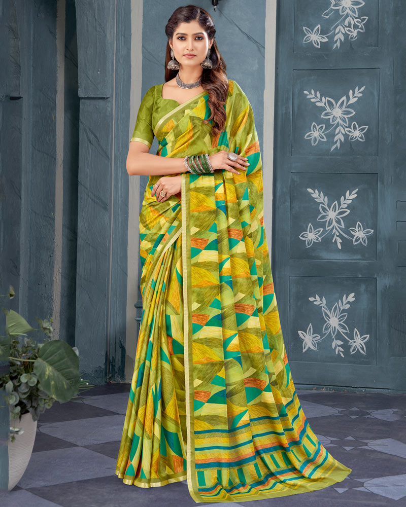 Vishal Prints Dark Olive Green Digital Print Criva Crepe Saree With Weaved Viscose Border