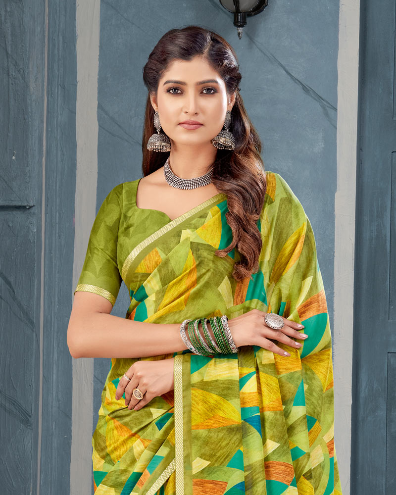 Vishal Prints Dark Olive Green Digital Print Criva Crepe Saree With Weaved Viscose Border