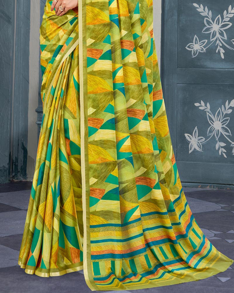 Vishal Prints Dark Olive Green Digital Print Criva Crepe Saree With Weaved Viscose Border