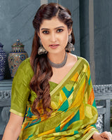 Vishal Prints Dark Olive Green Digital Print Criva Crepe Saree With Weaved Viscose Border