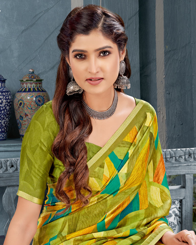 Vishal Prints Dark Olive Green Digital Print Criva Crepe Saree With Weaved Viscose Border