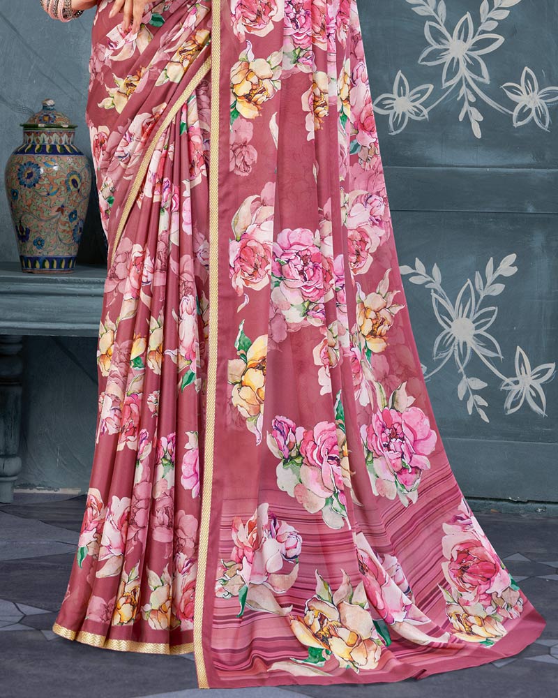 Vishal Prints Cadillac Pink Digital Print Criva Crepe Saree With Weaved Viscose Border