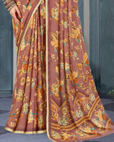 Vishal Prints Pastel Brown Digital Print Criva Crepe Saree With Weaved Viscose Border