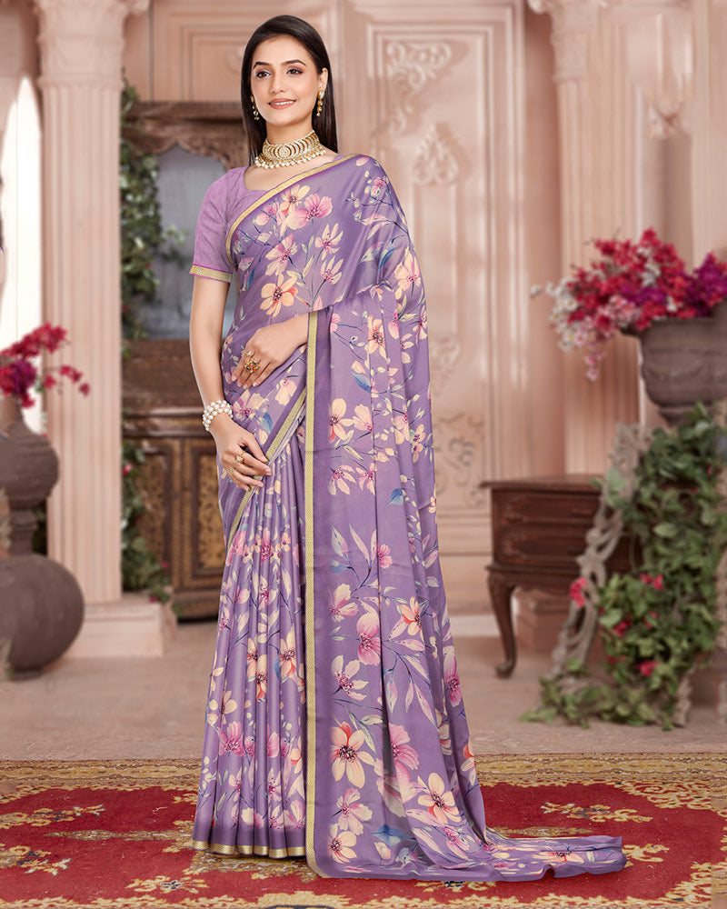 Vishal Prints Dusty Lavender Digital Print Criva Crepe Saree With Weaved Viscose Border