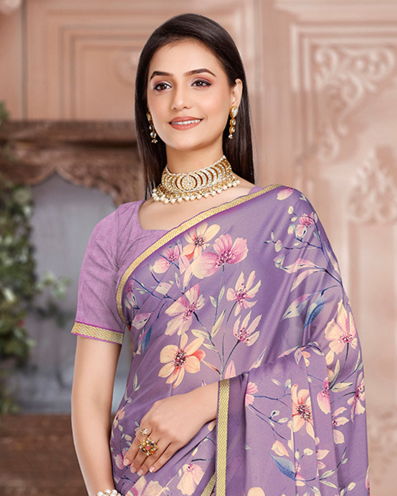 Vishal Prints Dusty Lavender Digital Print Criva Crepe Saree With Weaved Viscose Border