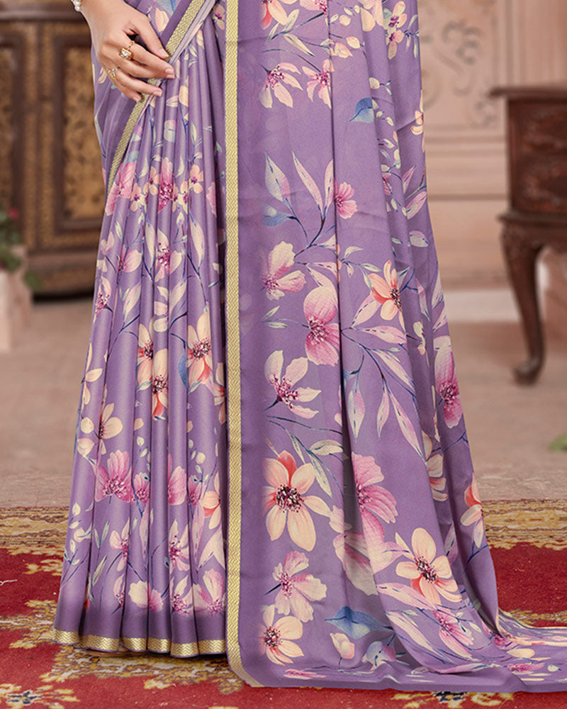 Vishal Prints Dusty Lavender Digital Print Criva Crepe Saree With Weaved Viscose Border