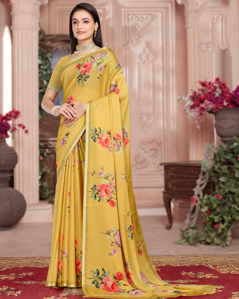 Vishal Prints Indian Yellow Digital Print Criva Crepe Saree With Weaved Viscose Border