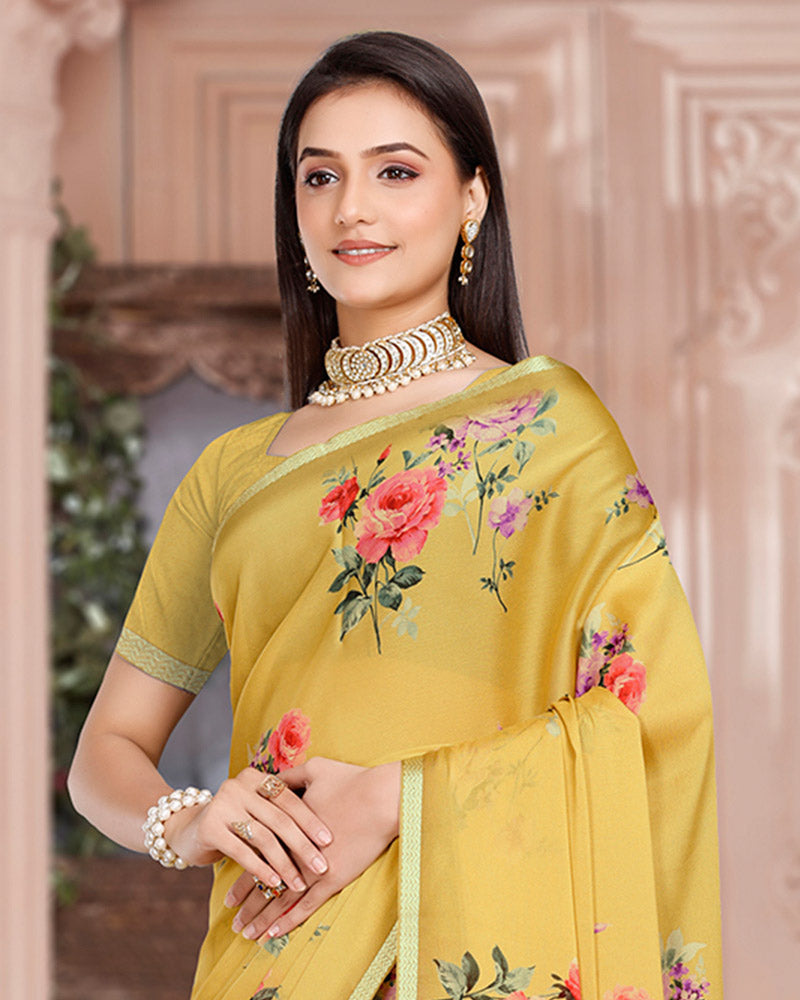 Vishal Prints Indian Yellow Digital Print Criva Crepe Saree With Weaved Viscose Border