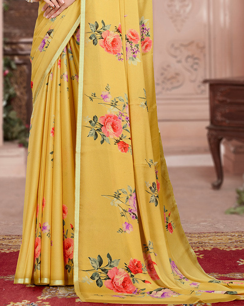 Vishal Prints Indian Yellow Digital Print Criva Crepe Saree With Weaved Viscose Border
