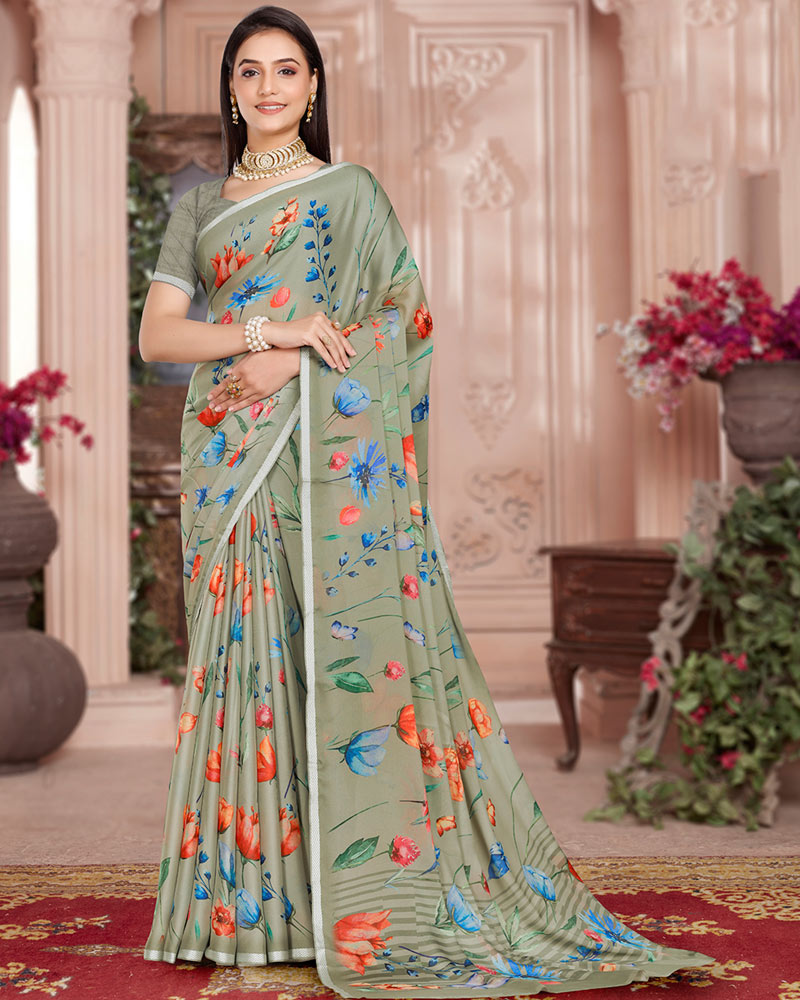 Vishal Prints Sage Green Digital Print Criva Crepe Saree With Weaved Viscose Border