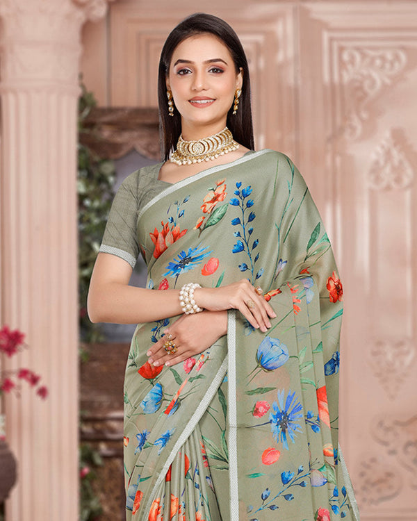 Vishal Prints Sage Green Digital Print Criva Crepe Saree With Weaved Viscose Border