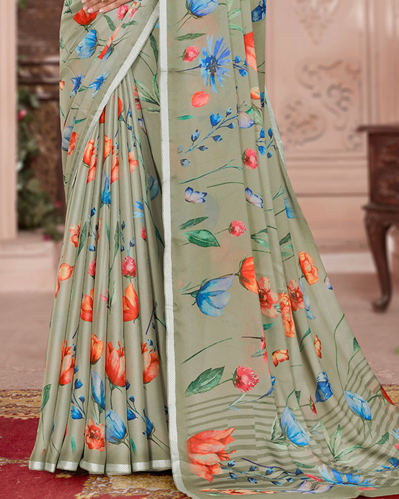 Vishal Prints Sage Green Digital Print Criva Crepe Saree With Weaved Viscose Border