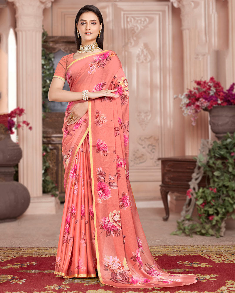 Vishal Prints Dark Salmon Pink Digital Print Criva Crepe Saree With Weaved Viscose Border