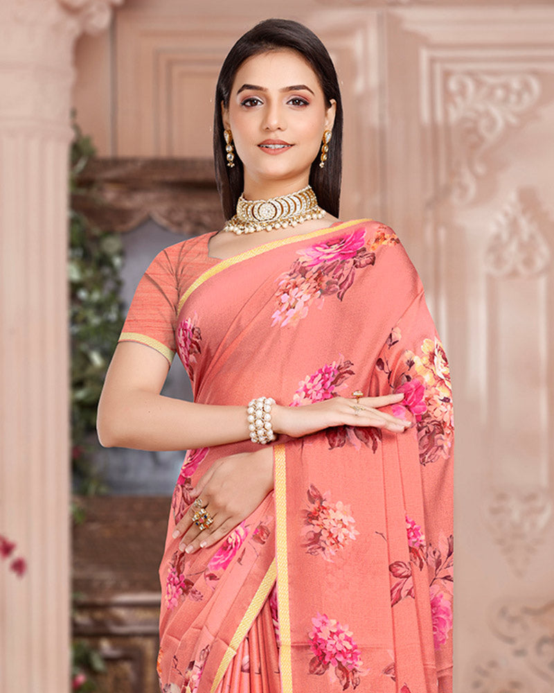Vishal Prints Dark Salmon Pink Digital Print Criva Crepe Saree With Weaved Viscose Border