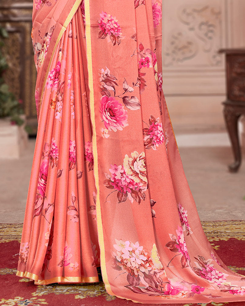 Vishal Prints Dark Salmon Pink Digital Print Criva Crepe Saree With Weaved Viscose Border