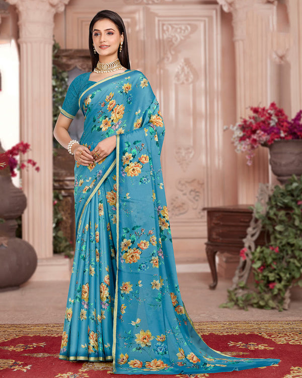 Vishal Prints Celestial Blue Digital Print Criva Crepe Saree With Weaved Viscose Border