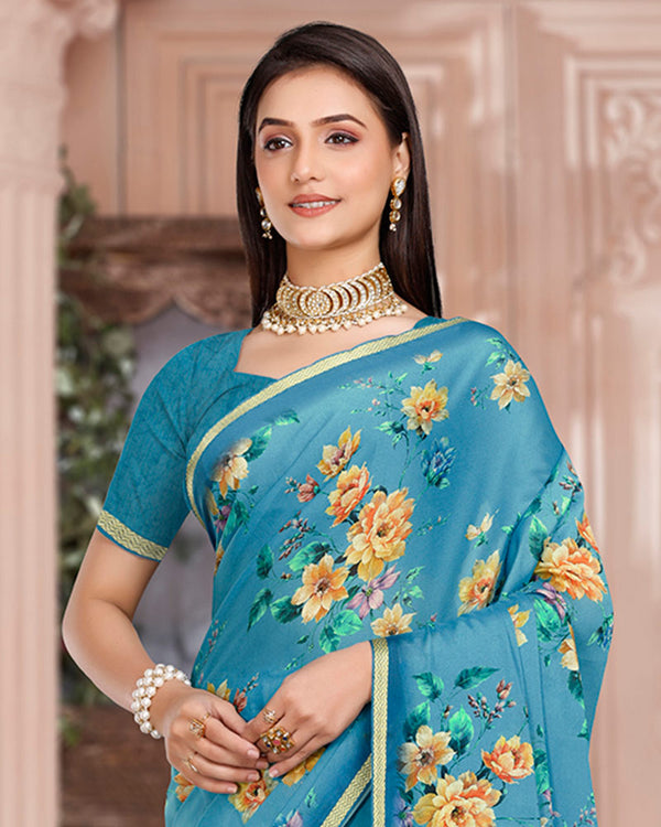Vishal Prints Celestial Blue Digital Print Criva Crepe Saree With Weaved Viscose Border
