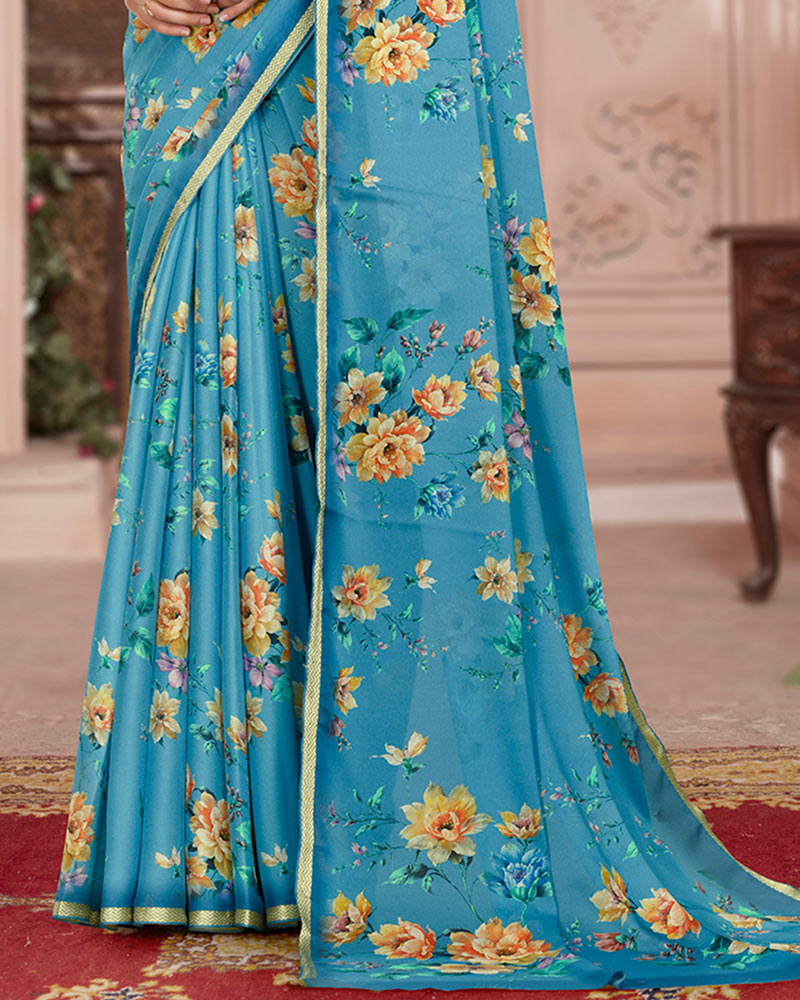 Vishal Prints Celestial Blue Digital Print Criva Crepe Saree With Weaved Viscose Border