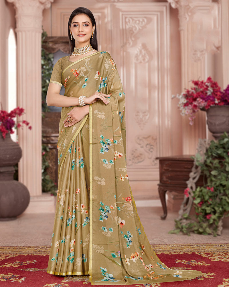 Vishal Prints Pale Taupe Digital Print Criva Crepe Saree With Weaved Viscose Border
