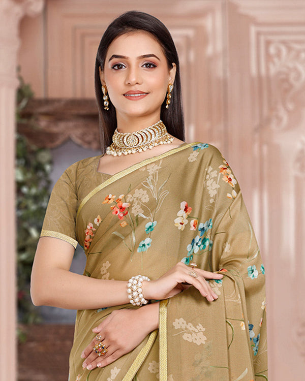 Vishal Prints Pale Taupe Digital Print Criva Crepe Saree With Weaved Viscose Border
